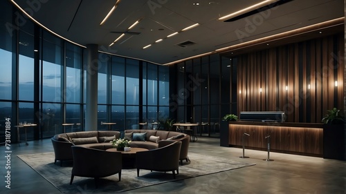 Reception area of a modern professional office space building at night from Generative AI