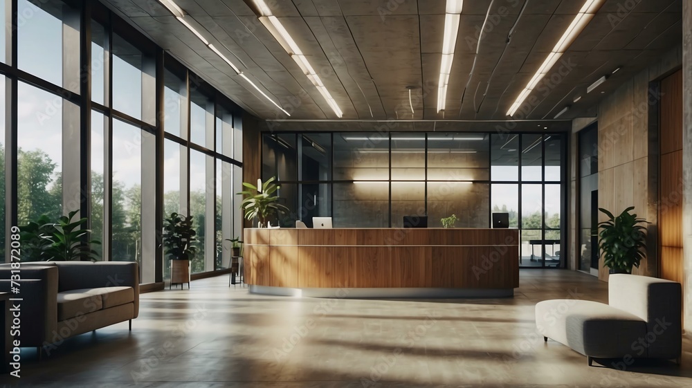 Fototapeta premium Reception area of a tech professional office space building with sunlight rays from Generative AI