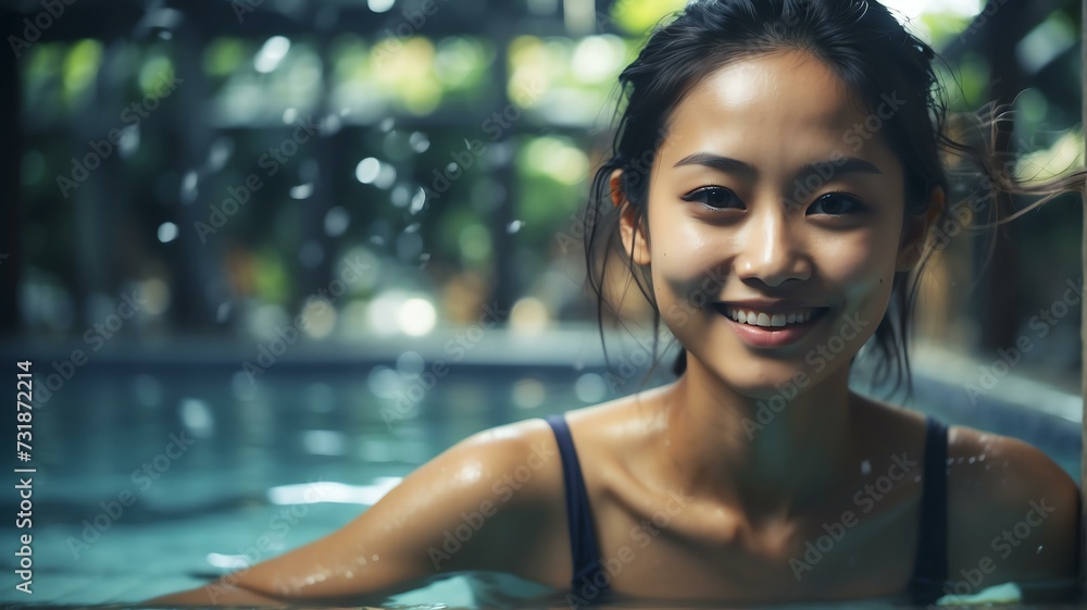 Young beautiful asian woman swimming in pool smiling at camera from ...