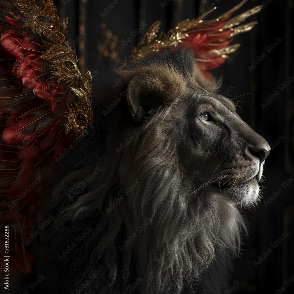 Mystical Winged Lion with Golden Feathers: Regal and Mythical Creature Art Mystical Winged Lion with Golden Feathers: Regal and Mythical Creature Art