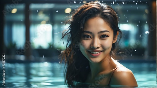 Young beautiful asian woman swimming in pool smiling at camera from Generative AI