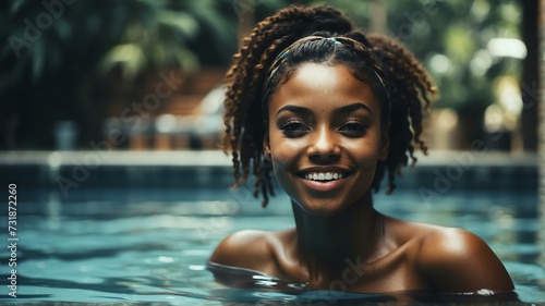 Young beautiful black african woman swimming in pool smiling at camera from Generative AI
