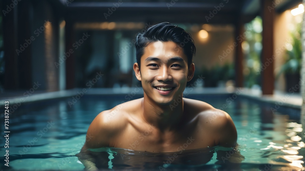 Young handsome asian man swimming in pool smiling at camera from Generative AI