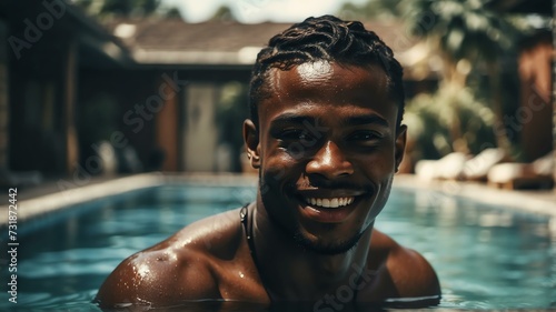 Young handsome black african man swimming in pool smiling at camera from Generative AI