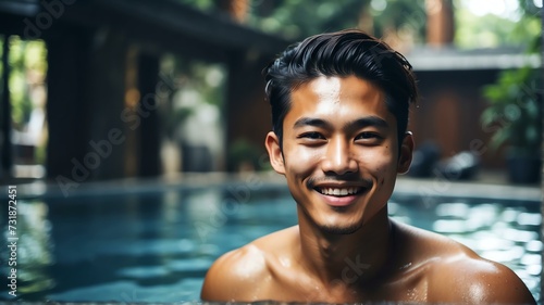 Young handsome asian man swimming in pool smiling at camera from Generative AI