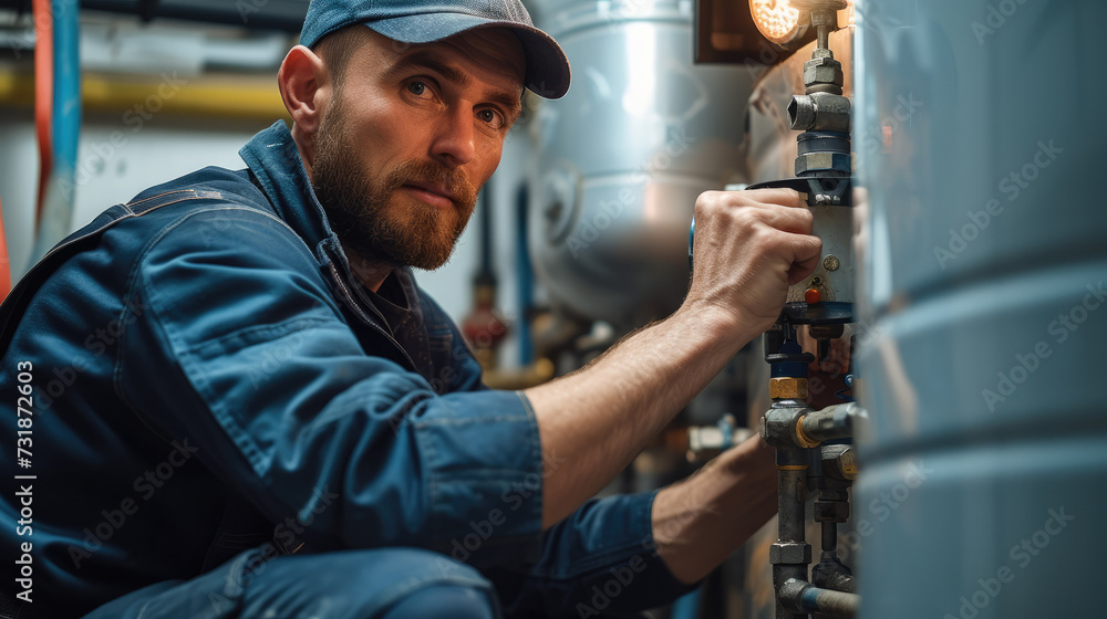 A plumber fixing a water heater. Generative AI. A plumber fixing a water heater. Generative AI.