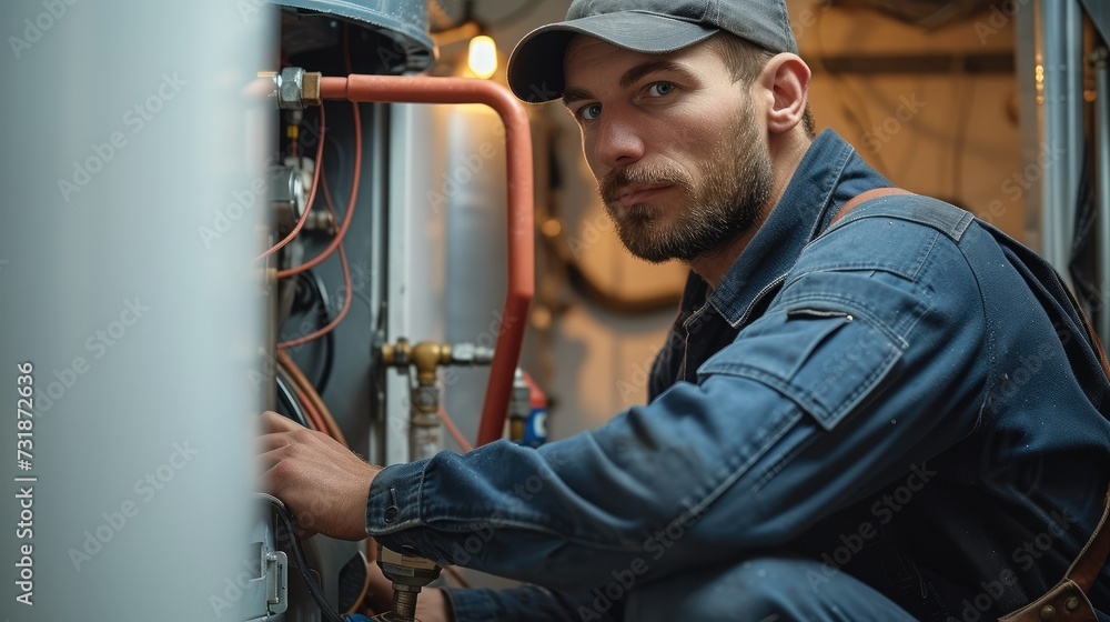 A plumber fixing a water heater. Generative AI. A plumber fixing a water heater. Generative AI.