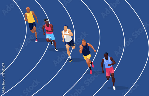 Olympic Runners. Group of people of different ethnicities and races compiting together. High end illustration. Flat design.