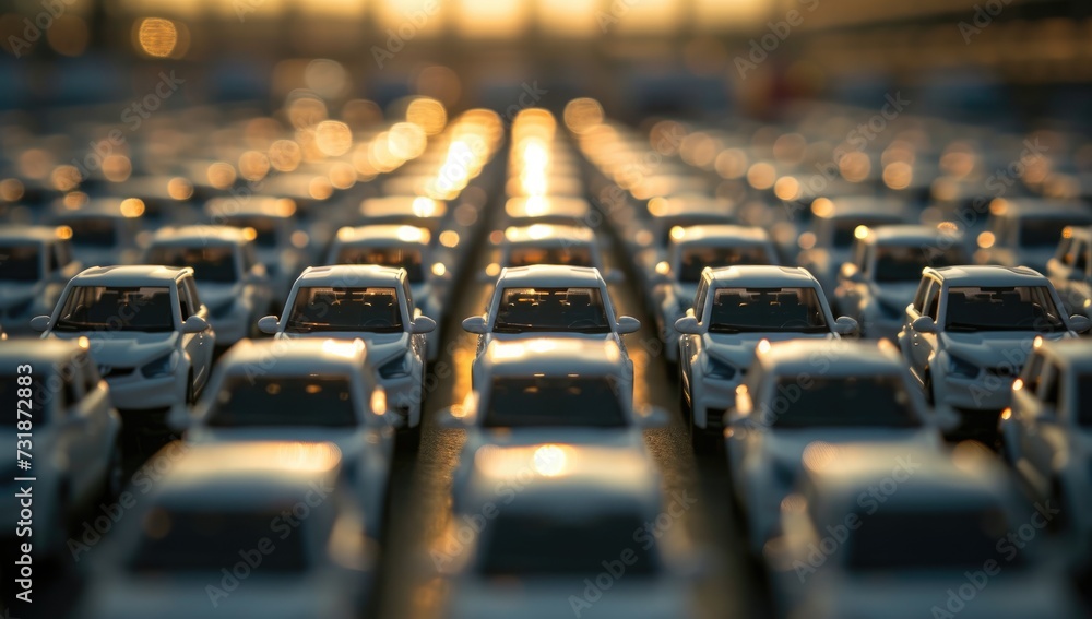 Obraz premium New cars lined up in parking lot at sunset