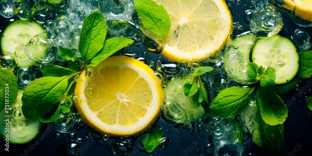 Sliced cucumbers and lemon with mint leaves float in the water. Freshness Sliced cucumbers and lemon with mint leaves float in the water. Freshness