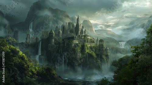 Fantastic castle against the backdrop of mountains and waterfalls. Generative AI © saicle