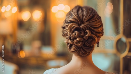 Beautiful bridal hairstyle in the interior of the room.