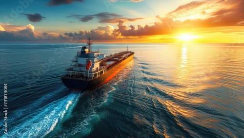 Cargo ship sailing in golden sunset ocean