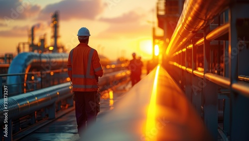 Engineer or Technician working on the construction site at sunset time.