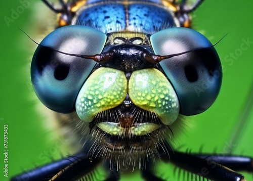 Macro photo of a sexagenaria dragonfly with expressive eyes