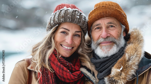 A middle-aged couple smiles happily while standing outside in snowy weather in winter.