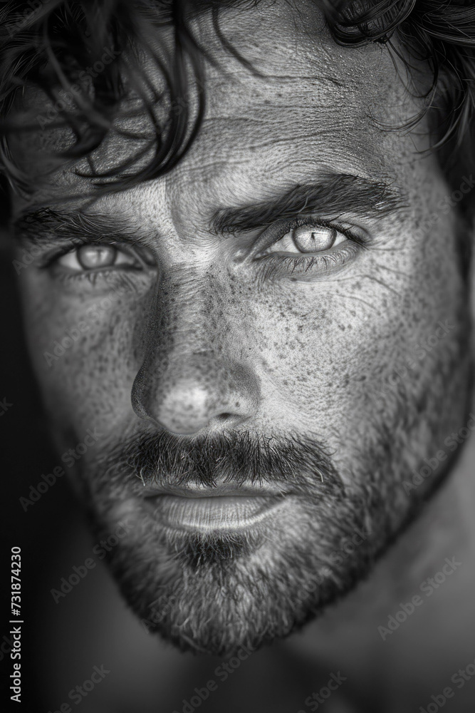Close-up black and white portrait of a middle-aged man with a beard. Close-up black and white portrait of a middle-aged man with a beard.