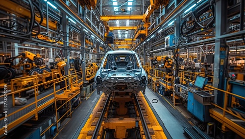 Automated car assembly line in a modern factory