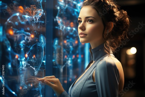 business woman in office shows holographic artificial intelligence. science , new future technology, futuristic and technology concept.