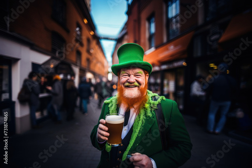 Joyful man toasting with beer on festive St. Patrick's Day