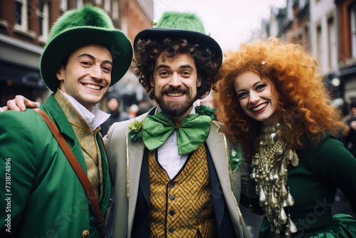 Happy men and woman in St. Patrick's Day costumes celebrating