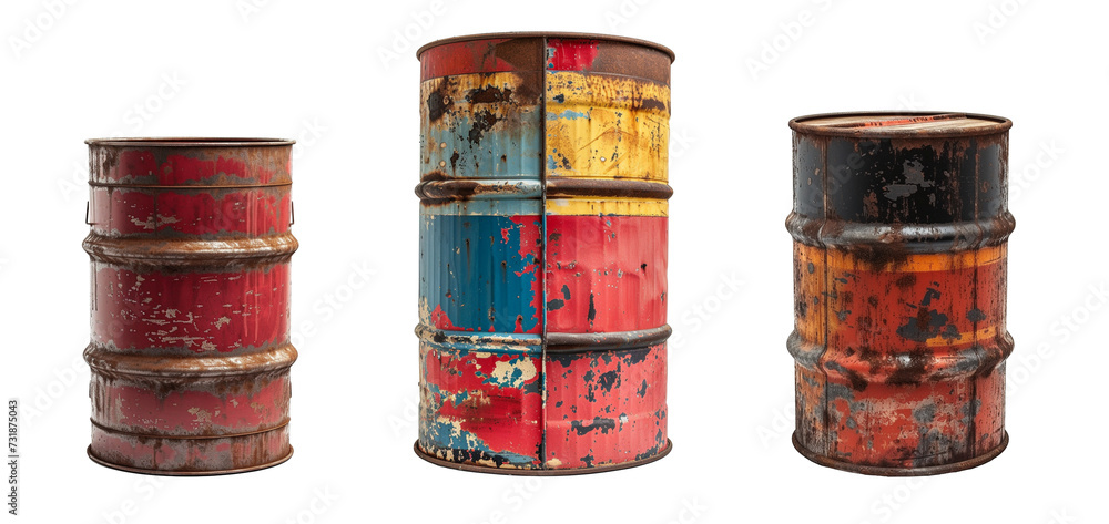 A set of old steel oil barrels isolated on a transparent background. A set of old steel oil barrels isolated on a transparent background.
