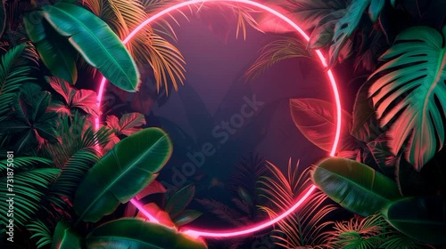 Modern trendy neon glowing light with neon green palm tropical leaves on a blue background. Design template. Frame with copy space for text. Generative AI photo