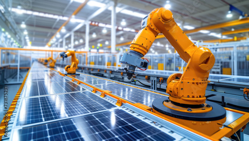 Robotic arm assembling solar panels in industrial factory