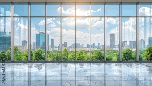 Empty marble floor with panoramic cityscape view in modern building