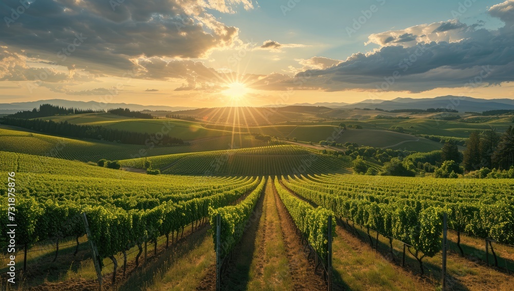 Breathtaking view of a lush vineyard bathed in the golden hues of sunset