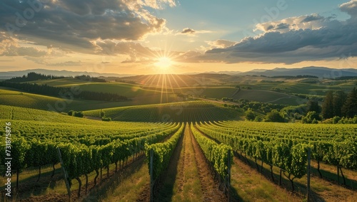 Breathtaking view of a lush vineyard bathed in the golden hues of sunset photo