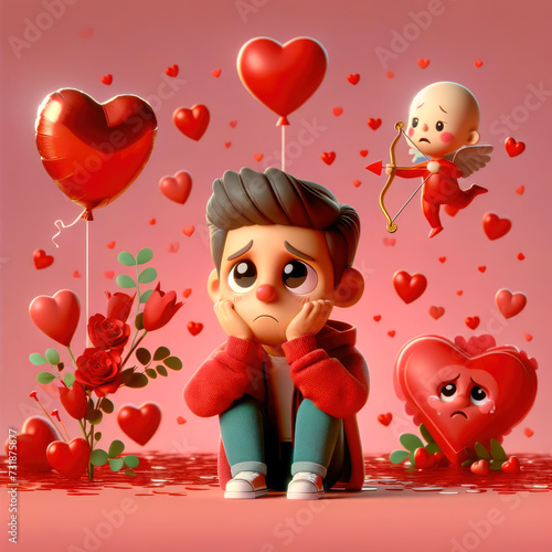 Bittersweet Valentine's Day: Vibrant 3D Animated Caricature of Lovesick Person with Heart Balloon, Cupids, Humorous Scene