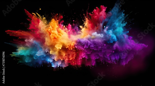 Abstract texture of exploding powder colorful multicolored rainbow color, isolated on black background. © May
