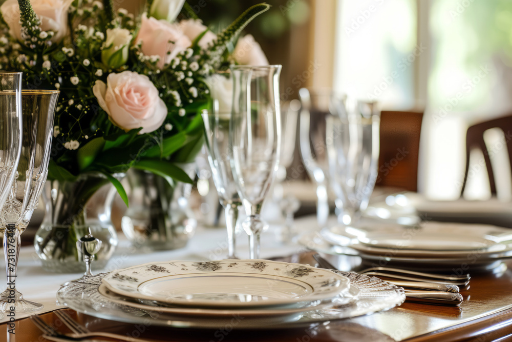 Elegant Dining Table Setup with Fine China, Fine china tea set perfectly arranged on an elegant dining table, complemented by crystal glassware and fresh white roses. Elegant Dining Table Setup with Fine China, Fine china tea set perfectly arranged on an elegant dining table, complemented by crystal glassware and fresh white roses.
