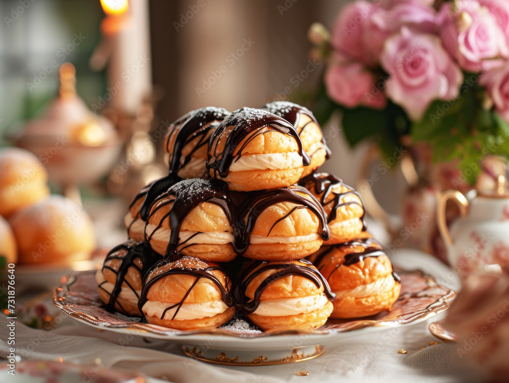 Profiterole Tower with Chocolate Drizzle, A towering arrangement of profiteroles garnished with white and dark chocolate drizzle, dusted with powdered sugar on a decorative plate.