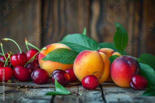 Ripe Summer Fruits with Cherries and Peaches on Wooden Surface  Luscious cherries and succulent peaches accompanied by apricots on a rustic wooden surface  embodying the essence of summer.