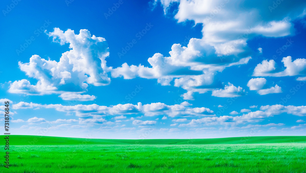 Fototapeta premium meadow, grassland, landscape,agriculture,lawn, field, sky, cloud, flower, nature, spring,Background image of a vast green field under a bright blue sky. bright green grass Receives light well The ba