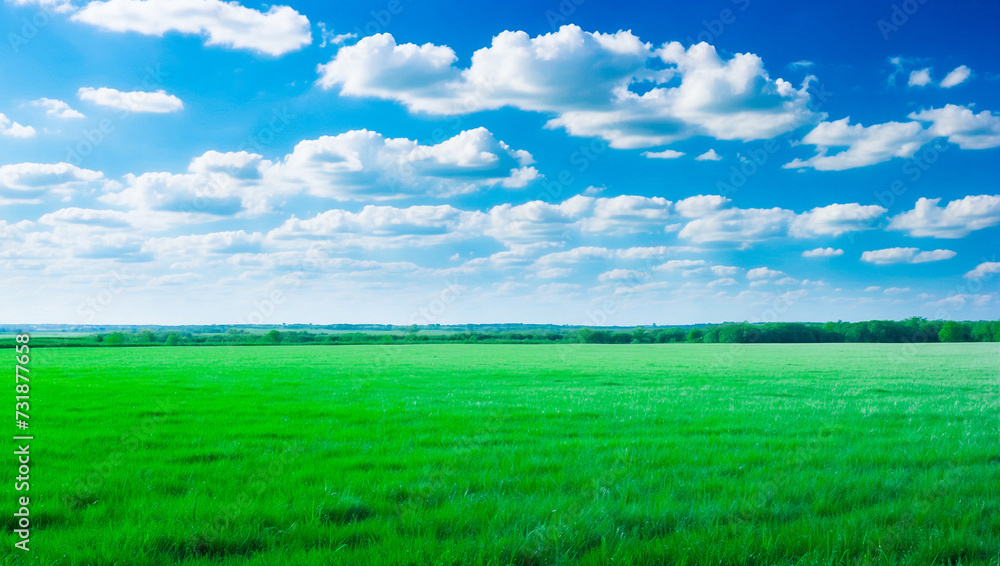 Obraz premium meadow, grassland, landscape,agriculture,lawn, field, sky, cloud, flower, nature, spring,Background image of a vast green field under a bright blue sky. bright green grass Receives light well The ba