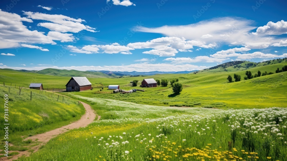 Picturesque green hills with barns and clear summer sky
