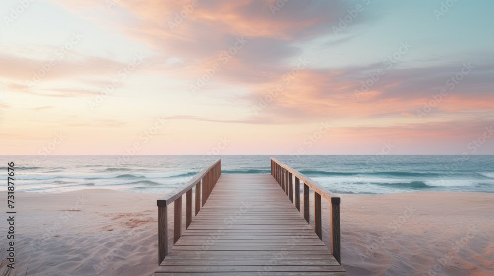 Naklejka premium Serene beach boardwalk with pastel sunset skies