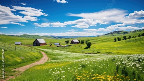 Picturesque green hills with barns and clear summer sky © Photocreo Bednarek