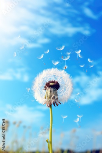 Dandelion seeds dispersing in the wind on blue sky