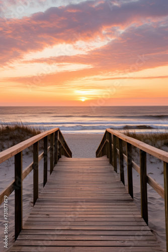 Boardwalk leading to a breathtaking beach sunset