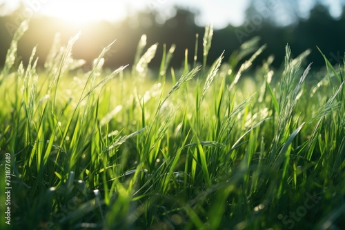 Lush green meadow with sunlit grass swaying in breeze