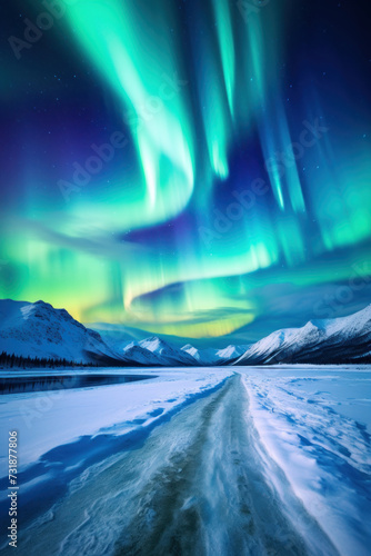 Majestic northern lights over a snowy winter road