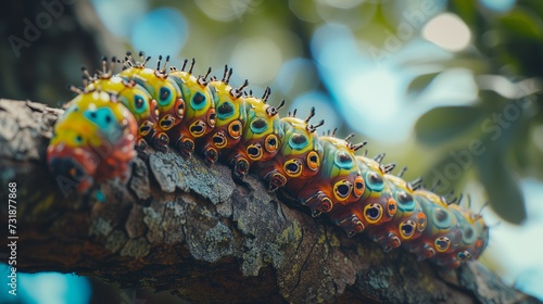 A beautiful colorful caterpillar, hanging on a tree, wild photography