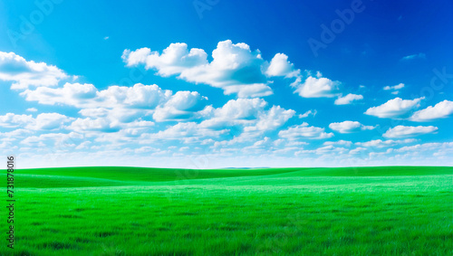 meadow, grassland, landscape,agriculture,lawn, field, sky, cloud, flower, nature, spring,Background image of a vast green field under a bright blue sky. bright green grass Receives light well The ba