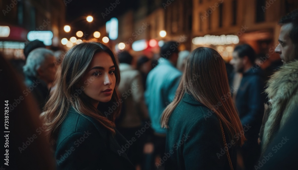 a girl in the evening city among strangers, a girl walking around the city, social society, people in the city