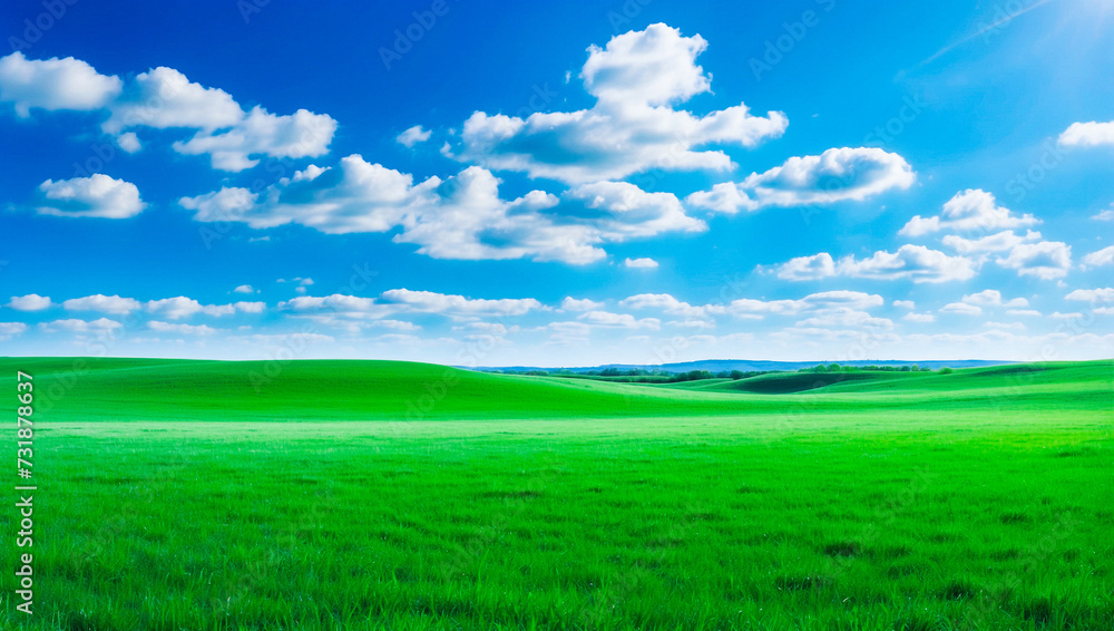Fototapeta premium meadow, grassland, landscape,agriculture,lawn, field, sky, cloud, flower, nature, spring,Background image of a vast green field under a bright blue sky. bright green grass Receives light well The ba