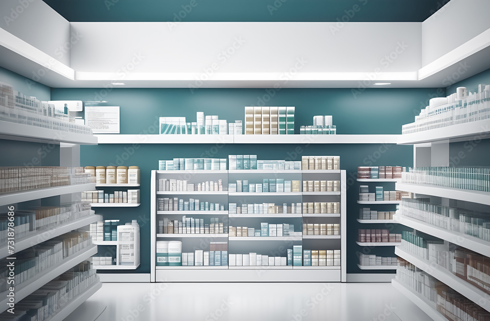 A modern pharmacy with a minimalistic design, shelves with medicines, pharmacy background. Blurred medicines on the shelves inside the pharmacy